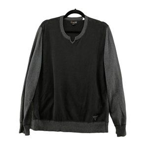 Guess Sweater Mens XL Cotton Black Gray Split Neck Knit Pullover Ribbed‎